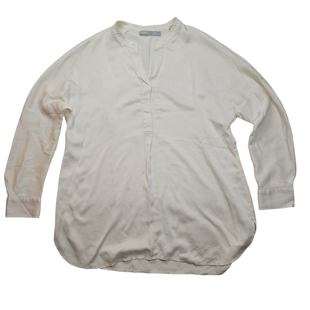 Vince Silk White Split-Neck Blouse Satin Band Collar Long Sleeve Size Med